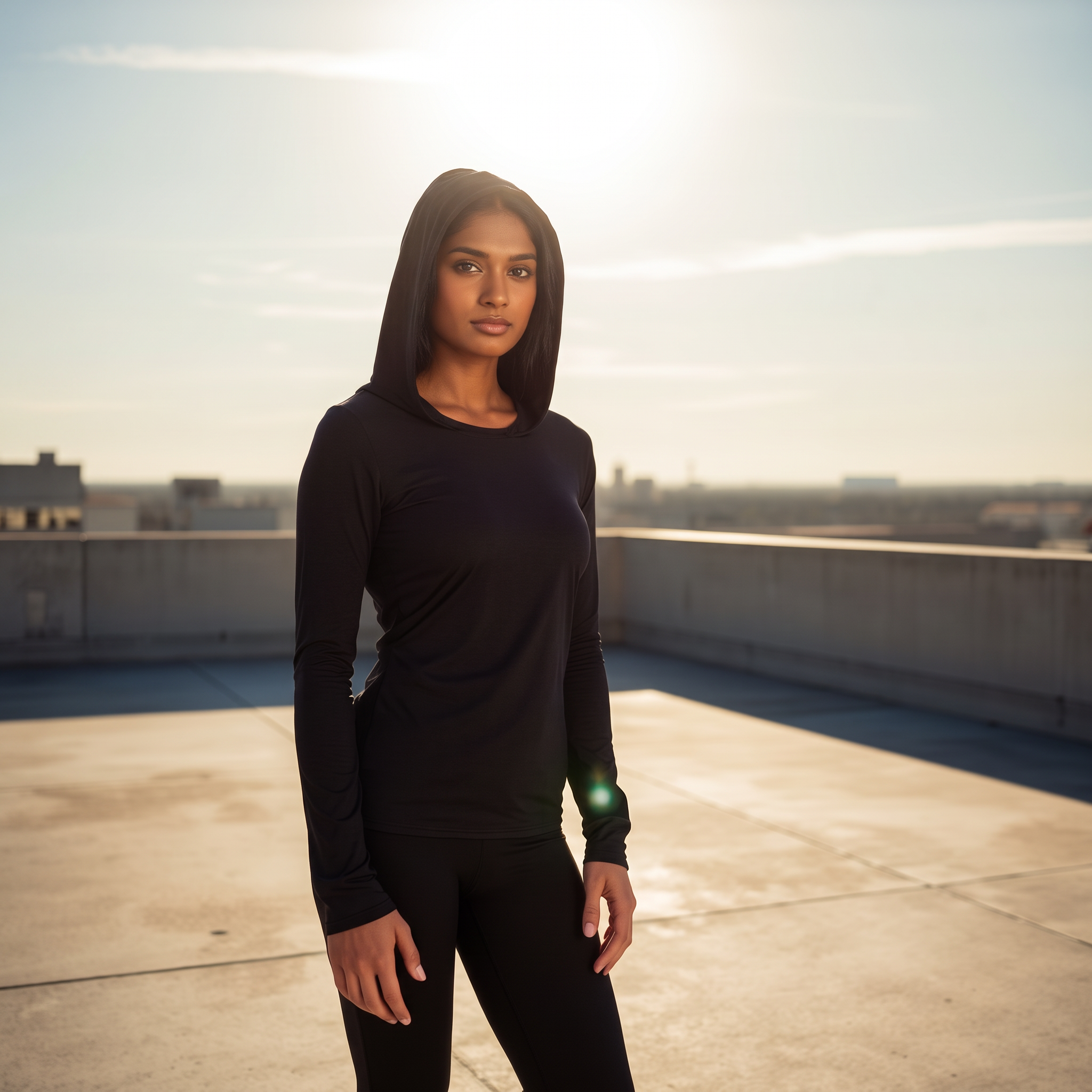 Athlete wearing a black UPF 50+ hooded long sleeve in direct midday sunlight