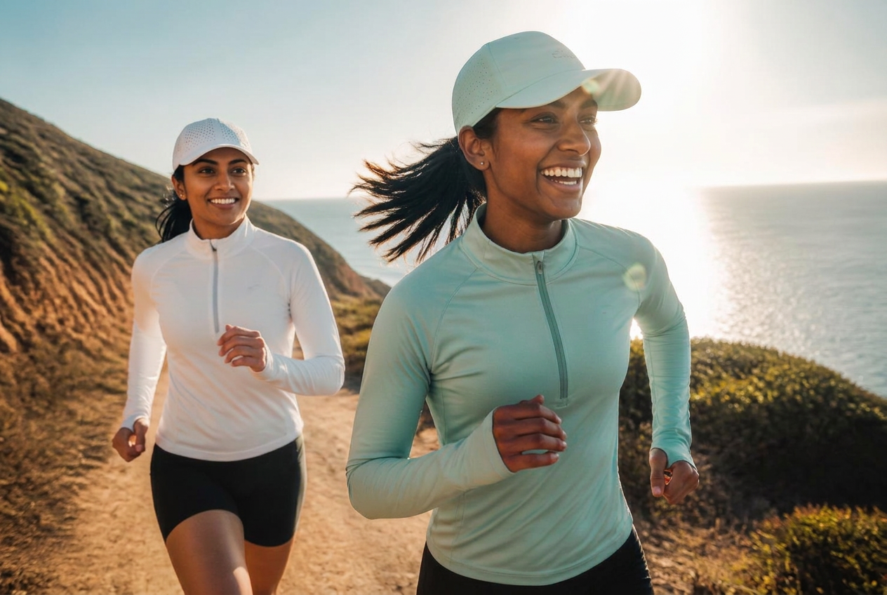 Runners on a coastal trail wearing UPF 50+ long sleeve tops in bright sun
