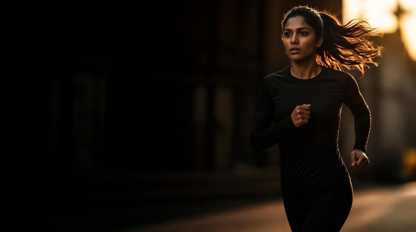 Female athlete running at golden hour in dark performance apparel